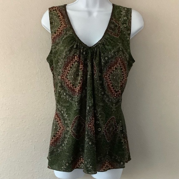Agenda Tops - Vintage Y2K Green Fairycore Boho Festival Artsy Paisley Fairy Sleeveless Top L